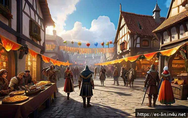 리니지 경험치 이벤트 정보 - A vibrant fantasy MMORPG event scene featuring a diverse group of players in detailed medieval armor...