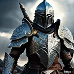 리니지 각인 장비 시스템 - A detailed fantasy warrior character wearing intricately designed armor engraved with glowing mystic...