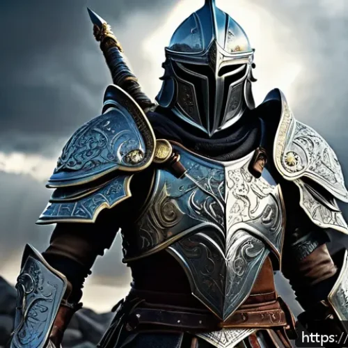 리니지 각인 장비 시스템 - A detailed fantasy warrior character wearing intricately designed armor engraved with glowing mystic...