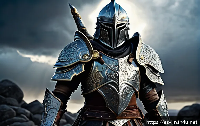 리니지 각인 장비 시스템 - A detailed fantasy warrior character wearing intricately designed armor engraved with glowing mystic...