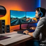 리니지 동영상 제작 팁 - A dynamic gaming setup scene featuring a Spanish-speaking streamer in a cozy, modern room decorated ...