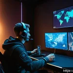 리니지 혈맹 보상 시스템 - A dynamic gaming clan meeting scene set in a modern, high-tech virtual war room with holographic map...