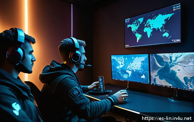 리니지 혈맹 보상 시스템 - A dynamic gaming clan meeting scene set in a modern, high-tech virtual war room with holographic map...