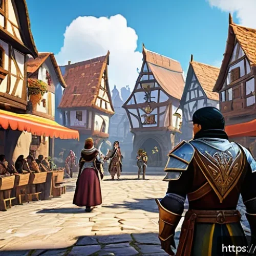 리니지 초보자 친화적인 서버 - A lively MMORPG gaming scene showing a diverse group of community players gathered in a colorful fan...