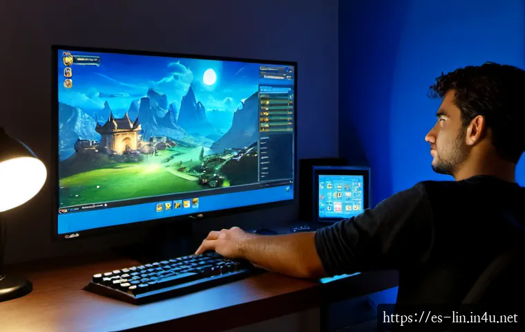 리니지 희귀 장비 경매 - Photorealistic evening scene of a Spanish gamer at a clean apartment desk, focused on a large monito...