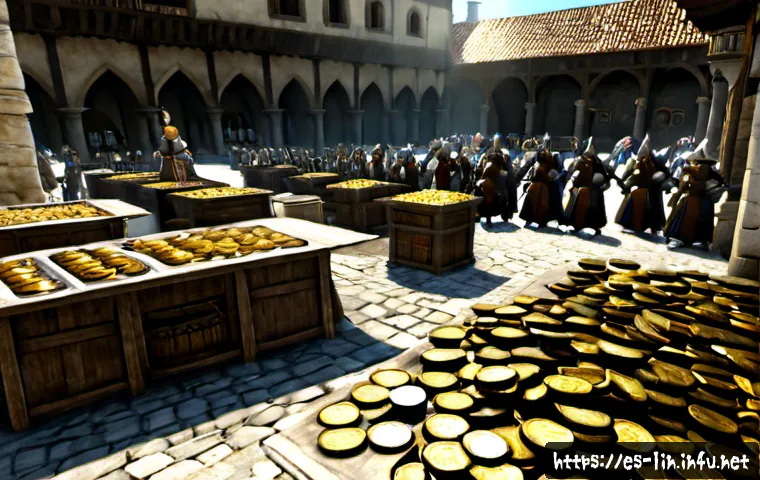 리니지 서버별 경제 차이 - Photorealistic fantasy MMORPG marketplace comparison, split-screen composition: one bustling prosper...
