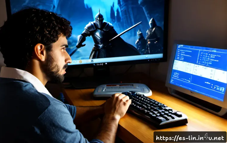 리니지 크리티컬 데미지 계산법 - Photorealistic over-the-shoulder view of a Spanish-speaking gamer at a clean home desk in Madrid, st...