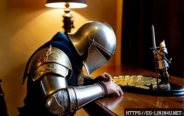 리니지 고급 장비 설명 - Photorealistic Spanish fantasy gamer at a clean home desk in Madrid, examining a high-tier medieval ...