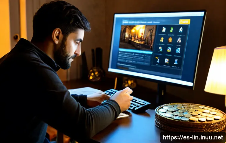 리니지 커뮤니티 거래 팁 - Photorealistic Spanish-speaking adult gamer carefully reviewing a secure online fantasy game item tr...