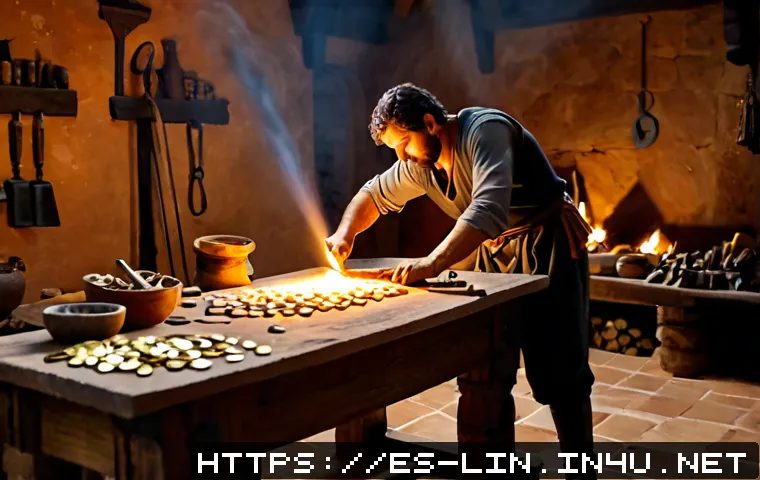 리니지 크래프팅 활용법 - Photorealistic cinematic fantasy scene of a skilled adventurer crafting a glowing sword at a sturdy ...