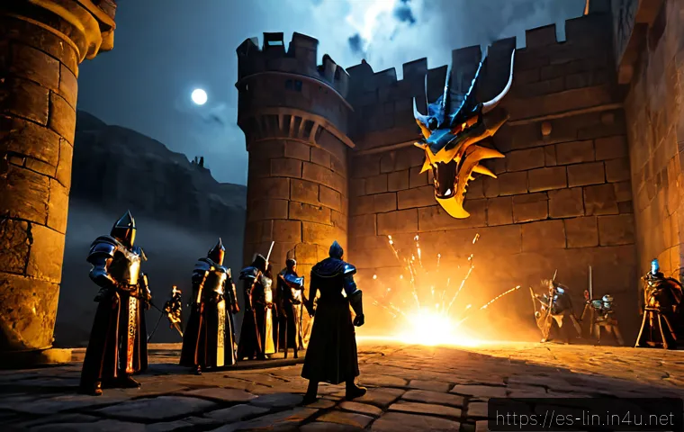 리니지 클래식 서버 레이드 - Photorealistic fantasy MMORPG raid scene in a vast ancient stone fortress, a coordinated party of ar...