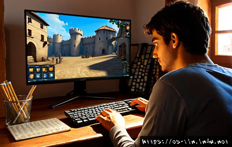 Home 17 리니지 RPG 요소 심층 분석 - Photorealistic gaming analysis scene in a cozy Spanish apartment, a focused adult player seated at a...