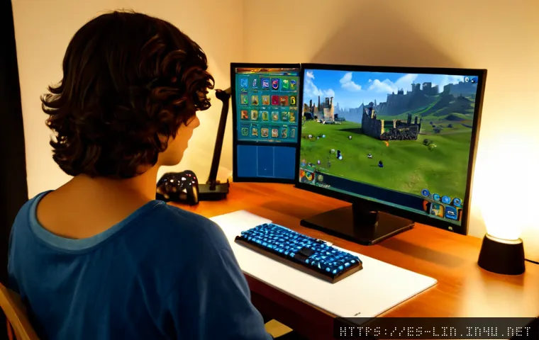 리니지 부캐 육성 방법 - Photorealistic fantasy gaming setup for a Spanish-speaking player, focused young adult at a clean de...