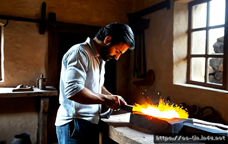 리니지 무기 제작 기본 - Photorealistic fantasy weapon crafting workshop, a Spanish artisan in a linen shirt carefully forgin...